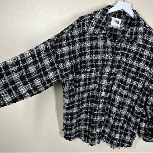 Zara Textured Tweed Plaid Oversized Button Up Shacket Over Shirt Womens Large - Picture 5 of 9